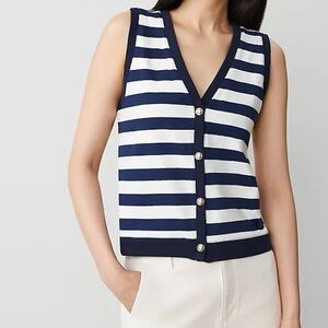 NWT Ann Taylor Petite Small Striped V-Neck Vest Cotton Button Front